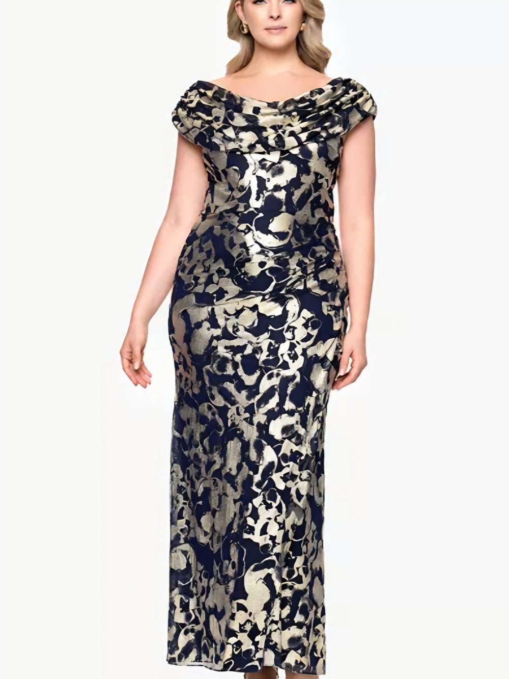Betsy & Adam Navy and Gold Cowl-Neck Maxi Dress Size 22 NWT MOB